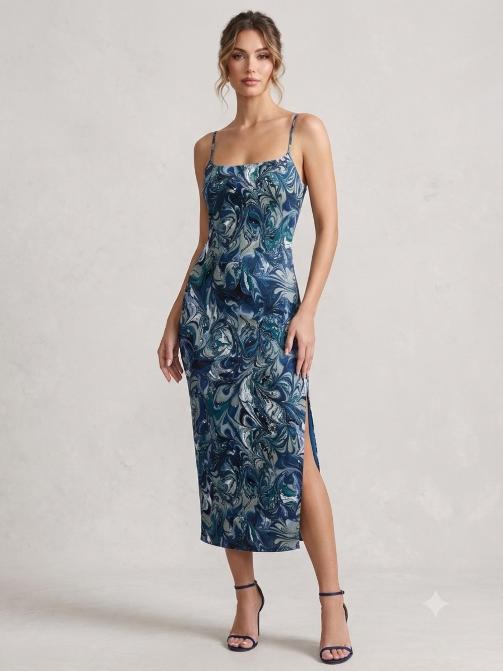 Blue Marble-Print Slip Midi Dress